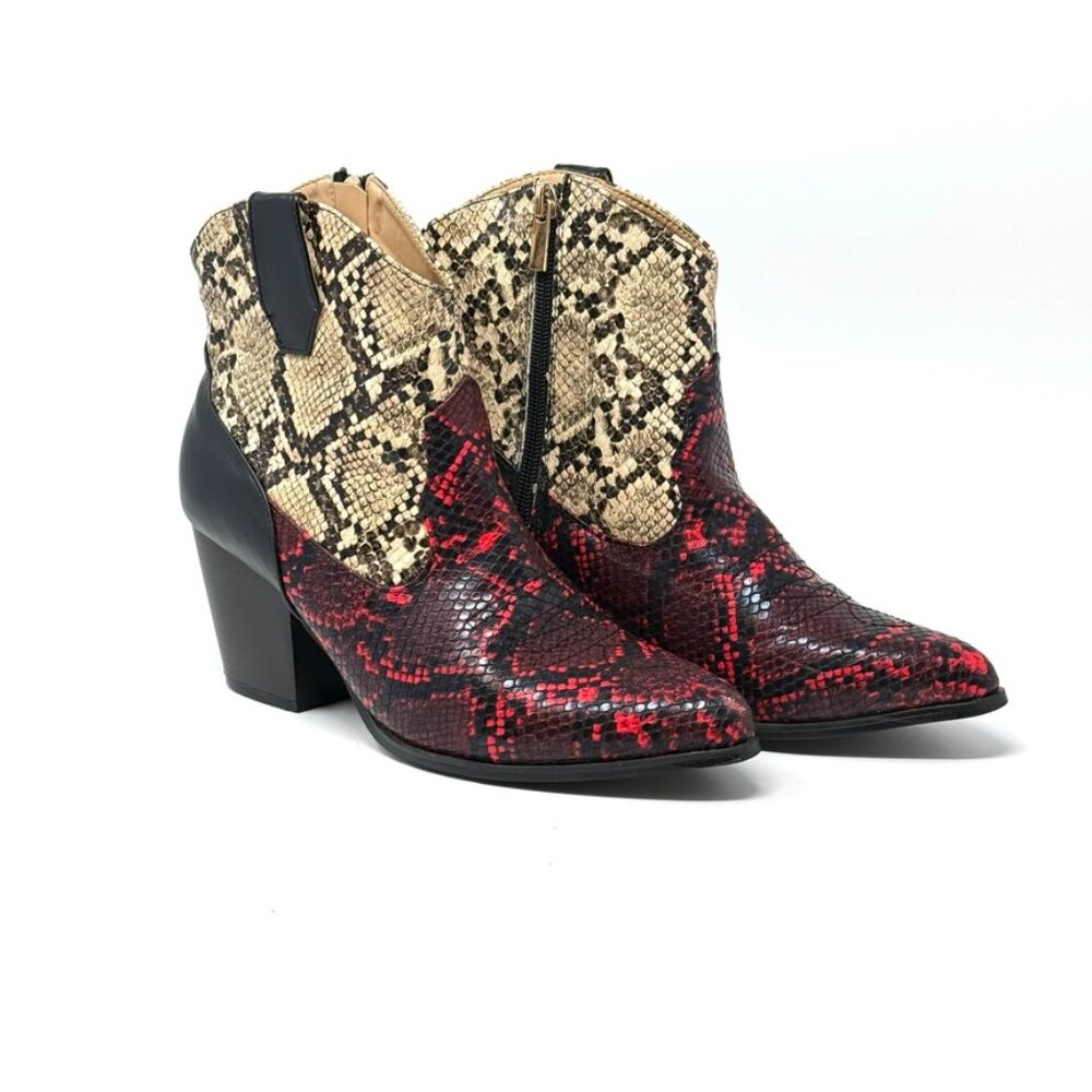 Just Fab Booties Red Beige Faux Snakeskin Zippered SZ 7.5 Pointed Toe